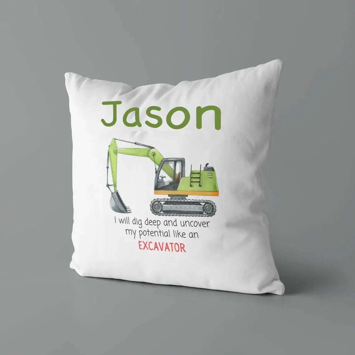 Personalized Baby Kids Throw Pillow Excavator Green