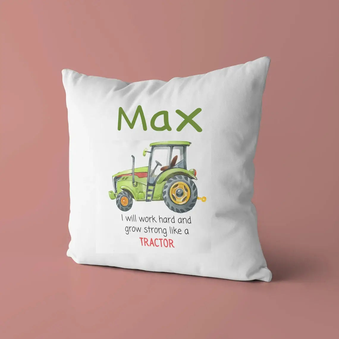 Personalized Baby Kids Throw Pillow Tractor Green I Will Work Hard