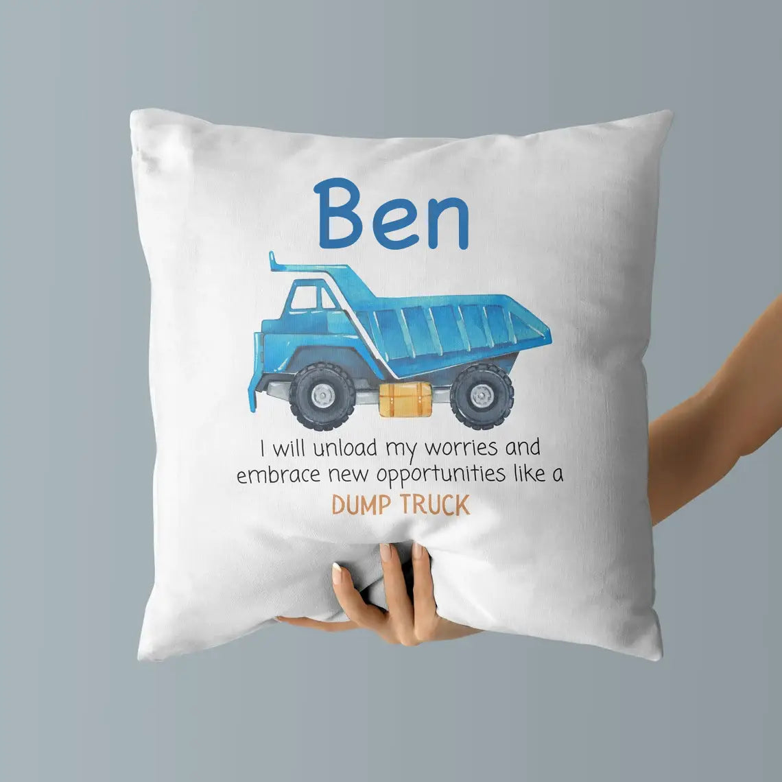 Personalized Baby Kids Throw Pillow Dump Truck Blue
