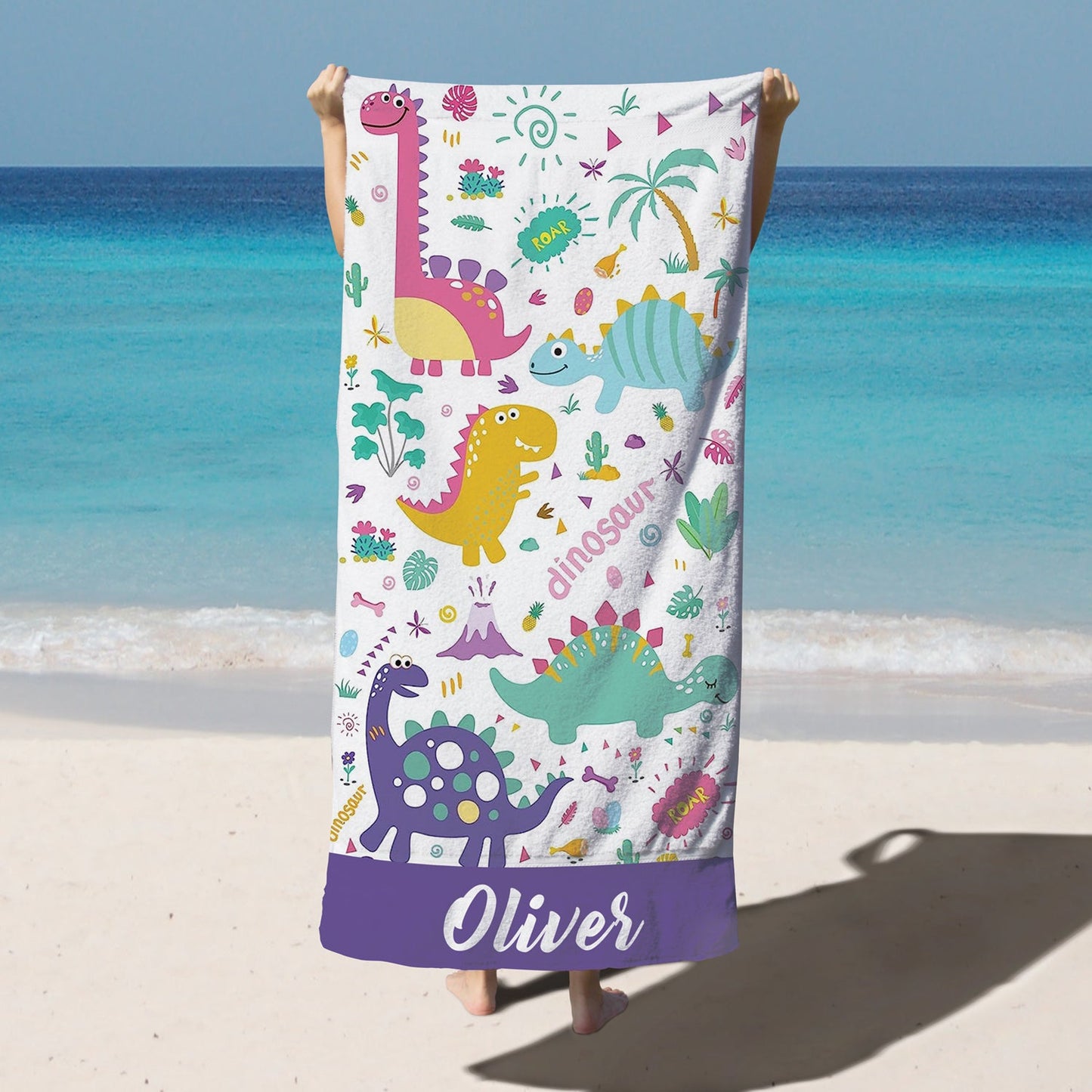 Personalized Kids Microfiber Beach Towel Dinosaur Purple