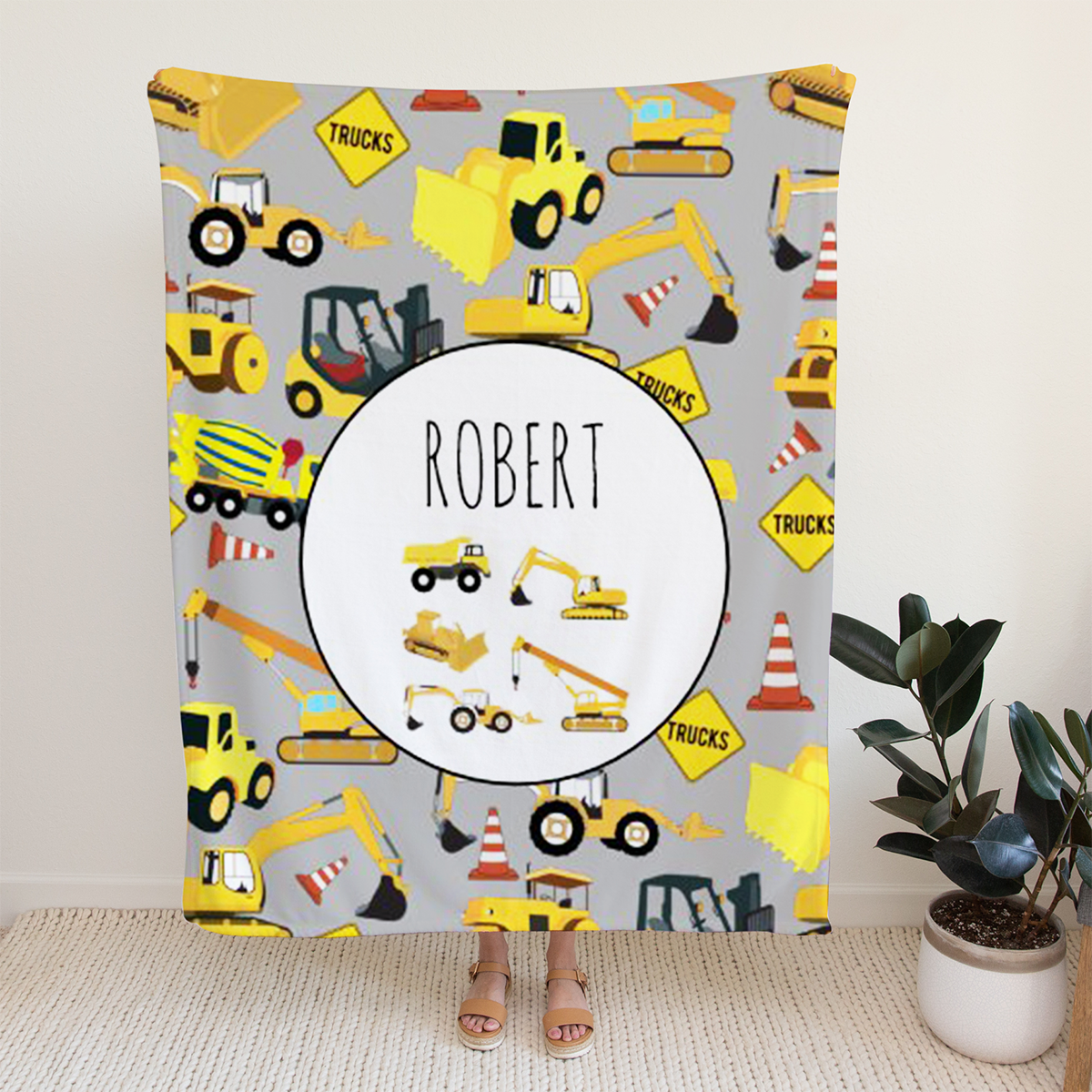 Personalized Minky Swaddle Blanket Name Construction Gray