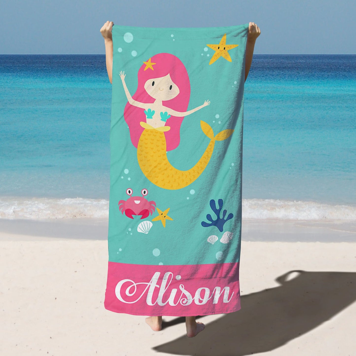 Personalized Kids Microfiber Beach Towel Mermaid Princess Yellow