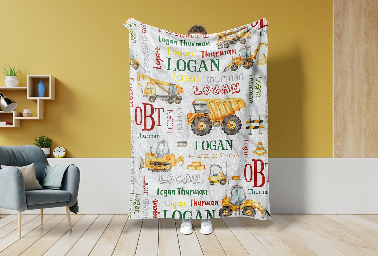 Personalized Name Fleece Construction Tractor Crane Blanket Toddler Baby Boy Girls | 112302