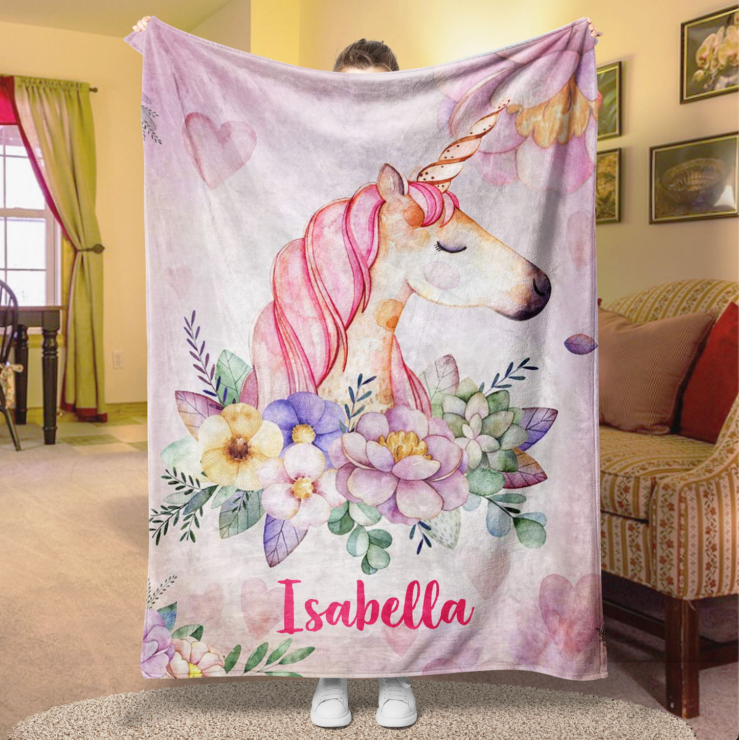 Personalized Magical Unicorn Floral Fleece Blanket Pink