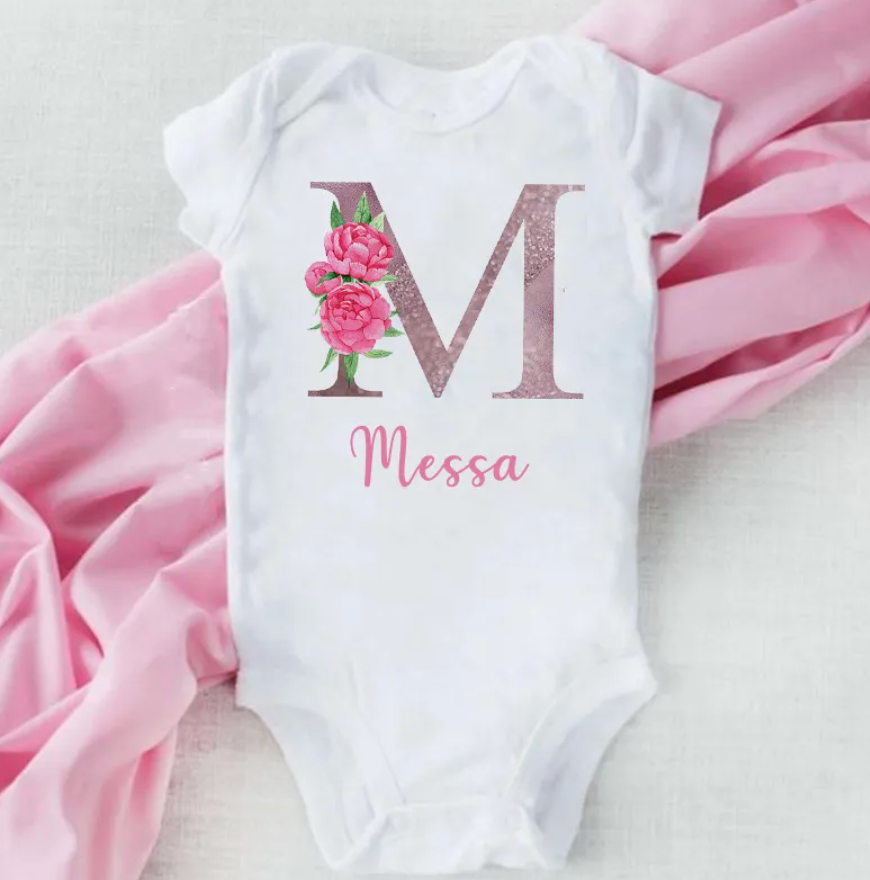 Personalized Flower Theme Baby Onesie Initial With Name