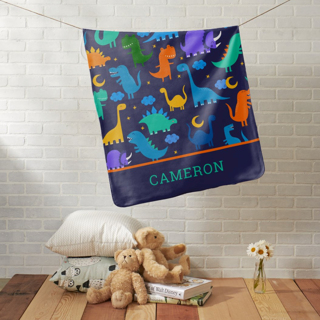 Custom Name Fleece Dinosaur At Night Blue Orange Blanket