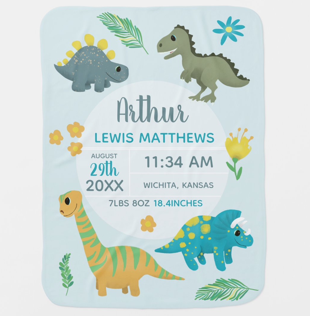 Custom Name Fleece Dinosaur Cute Dinosaur Birth Info Blanket