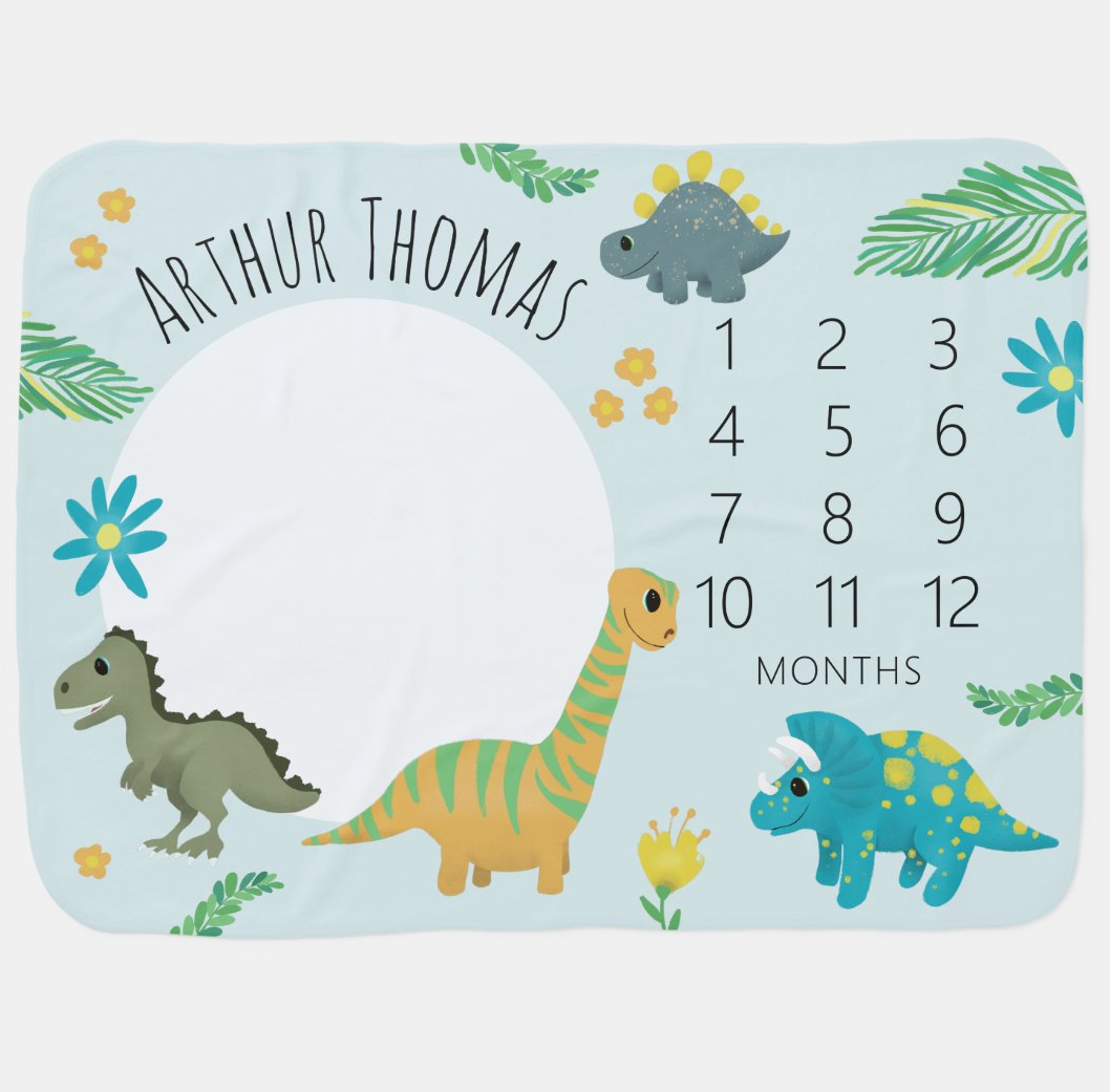 Custom Name Fleece Jungle Blue T-Rex Dinosaur Milestone Blanket