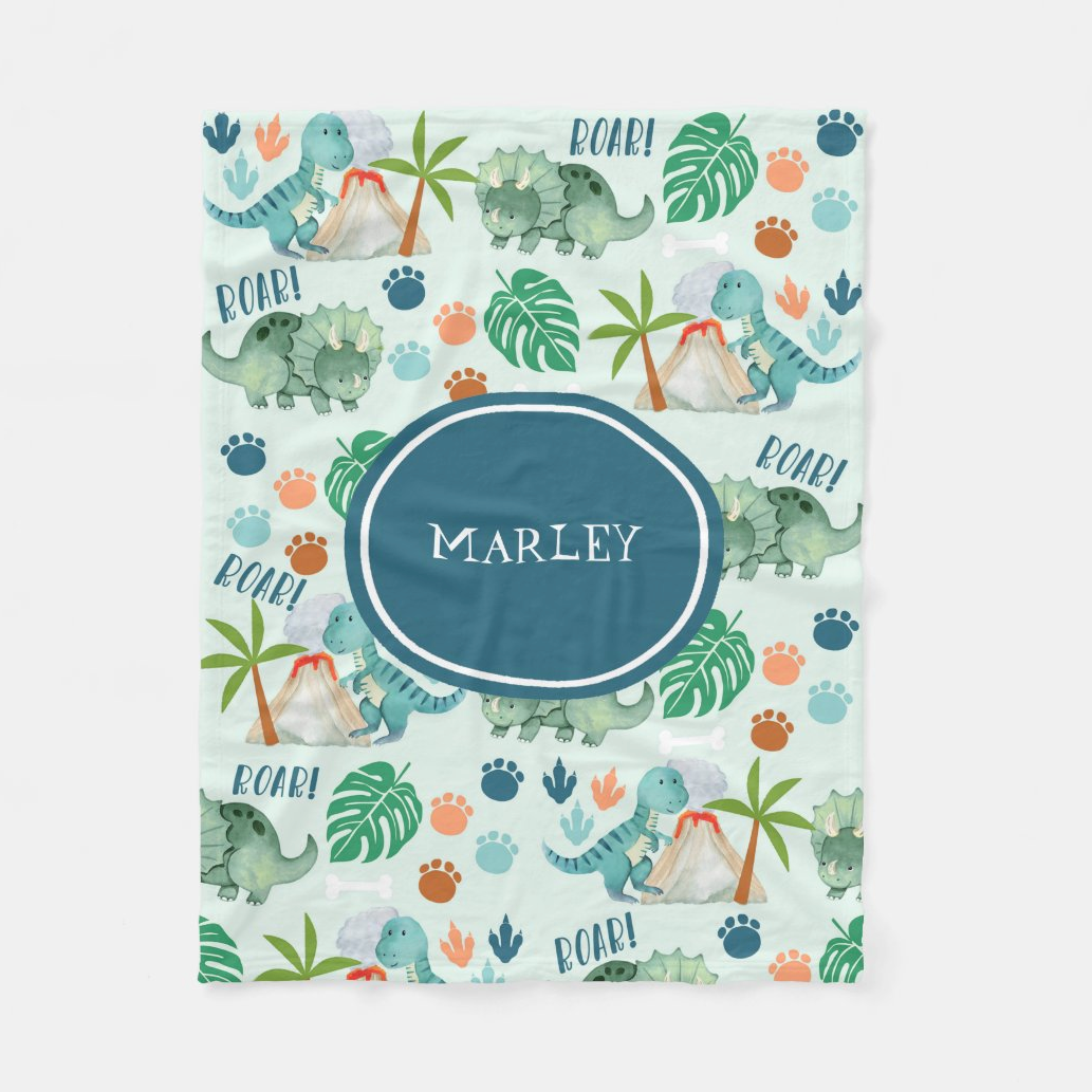 Custom Name Fleece Dinosaur Pattern Blanket