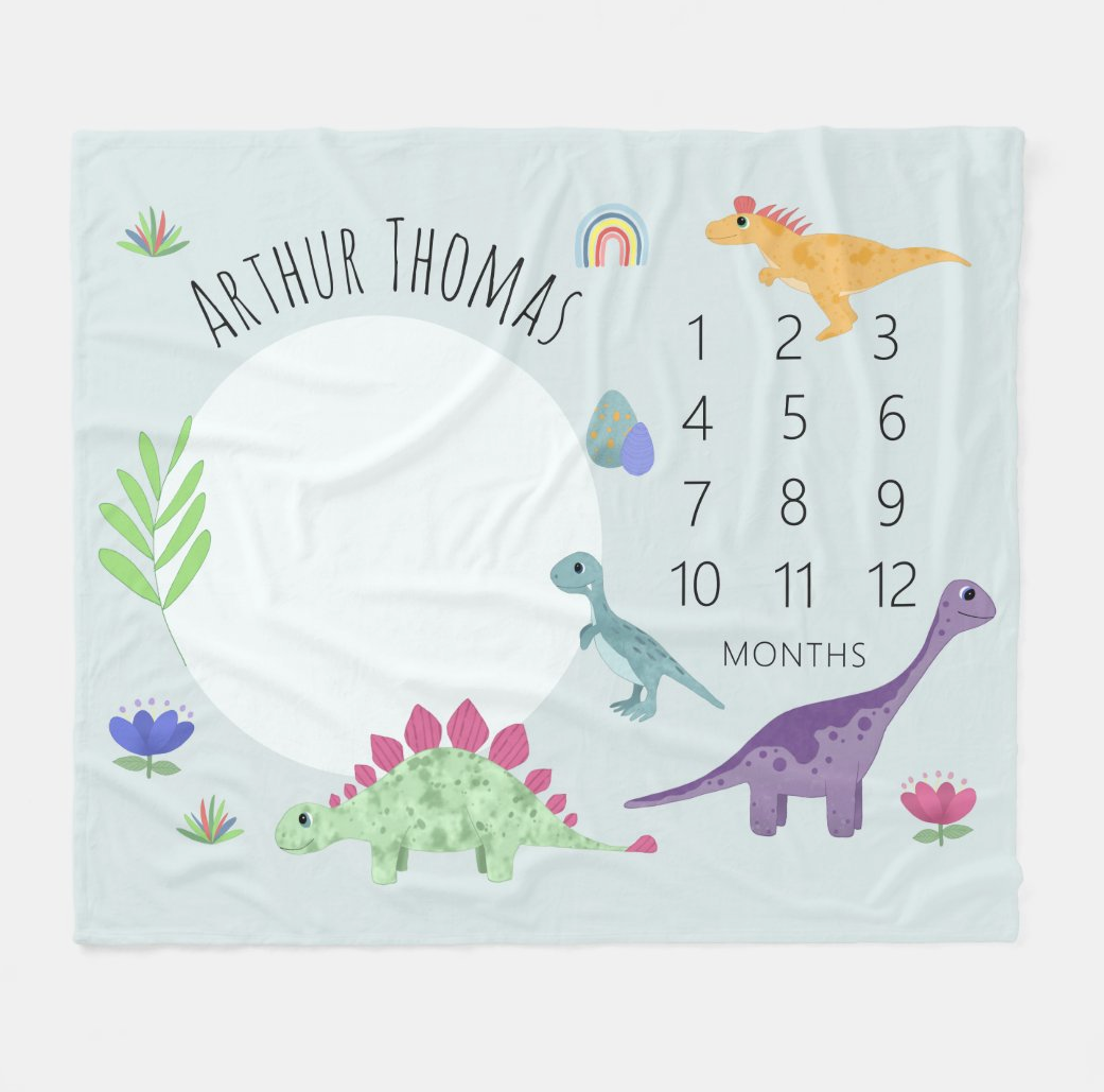 Custom Name Fleece Jungle Pink T-Rex Dinosaur Milestone Blanket