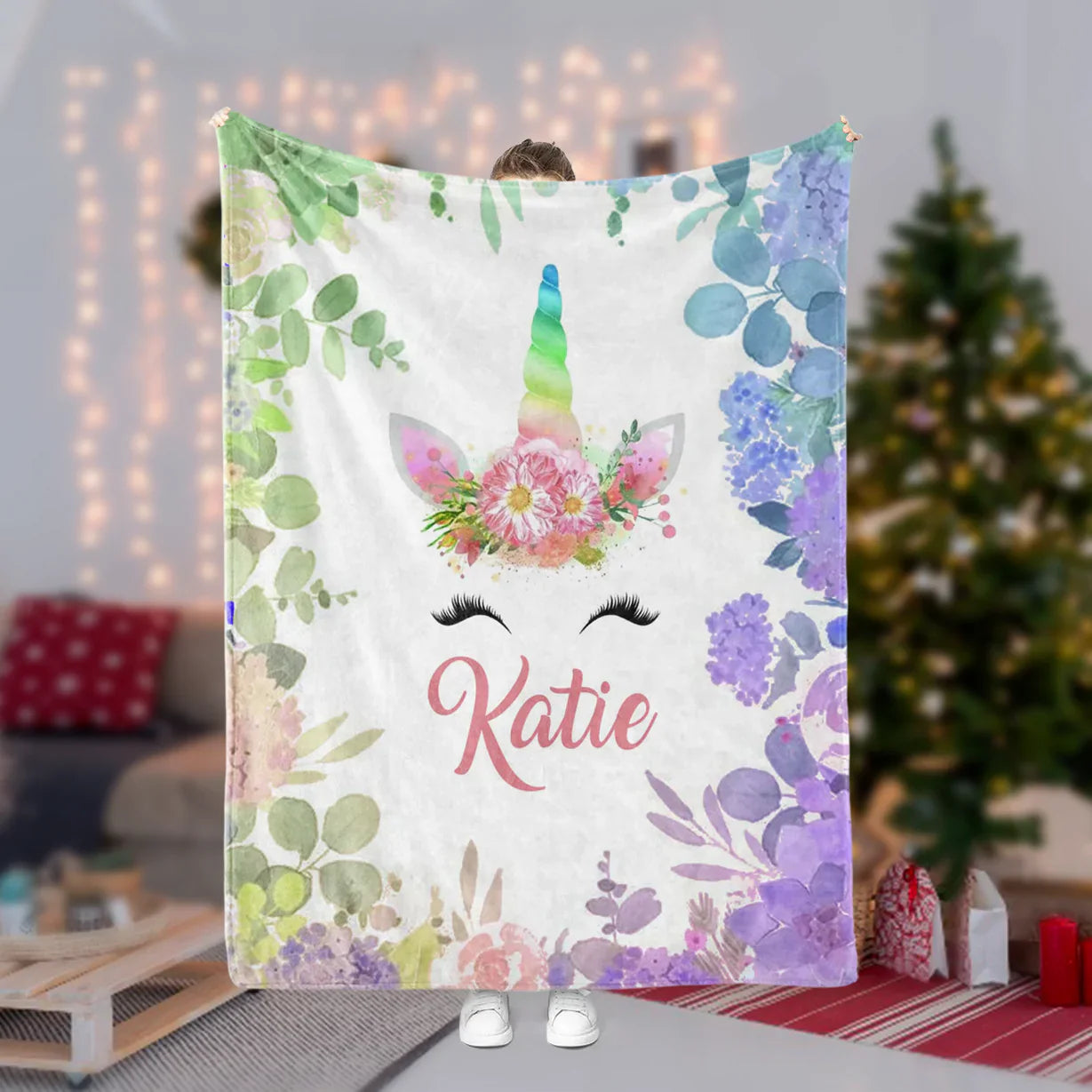 Personalized Floral Unicorn Fleece Blanket With Name
