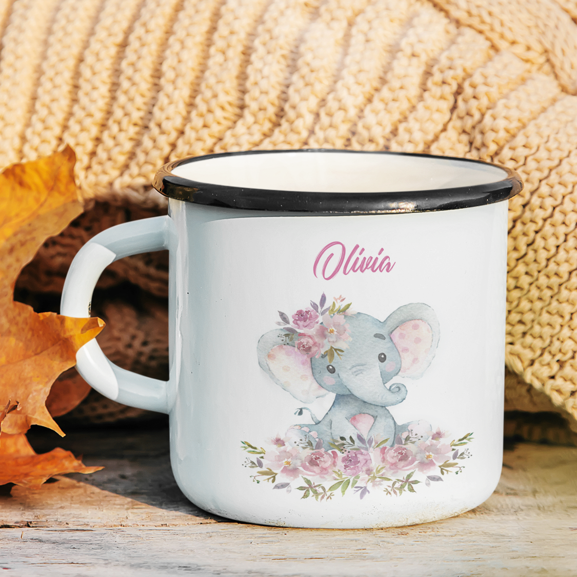 Personalized Enamel Elephant With Pink Floral Kids Mug | 22111805