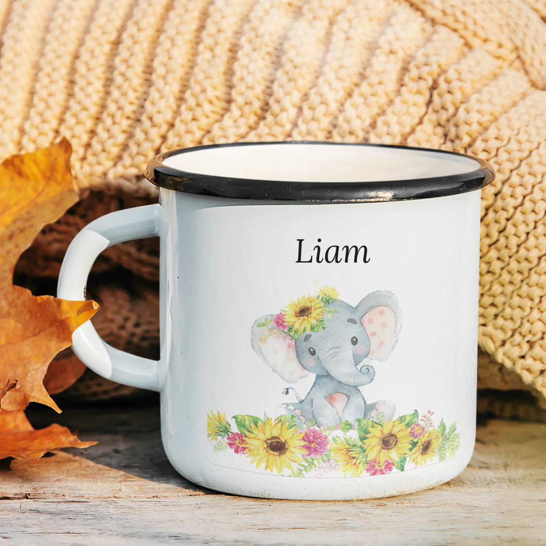 Personalized Enamel Elephant With Sunflower Kids Mug | 22111806