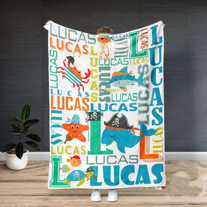 Personalized Animal Name Art Fleece Blanket Ocean World