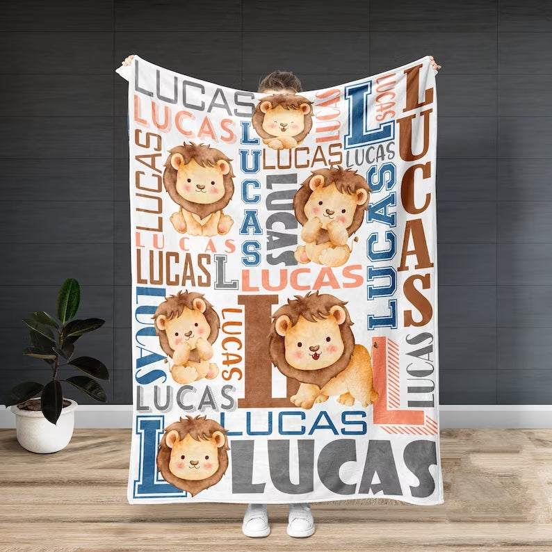 Personalized Animal Name Art Fleece Blanket Lion