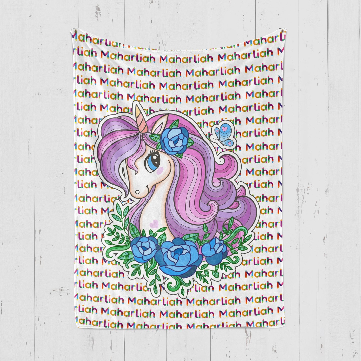 Custom Unicorn Colorful Name Blankets With Flower