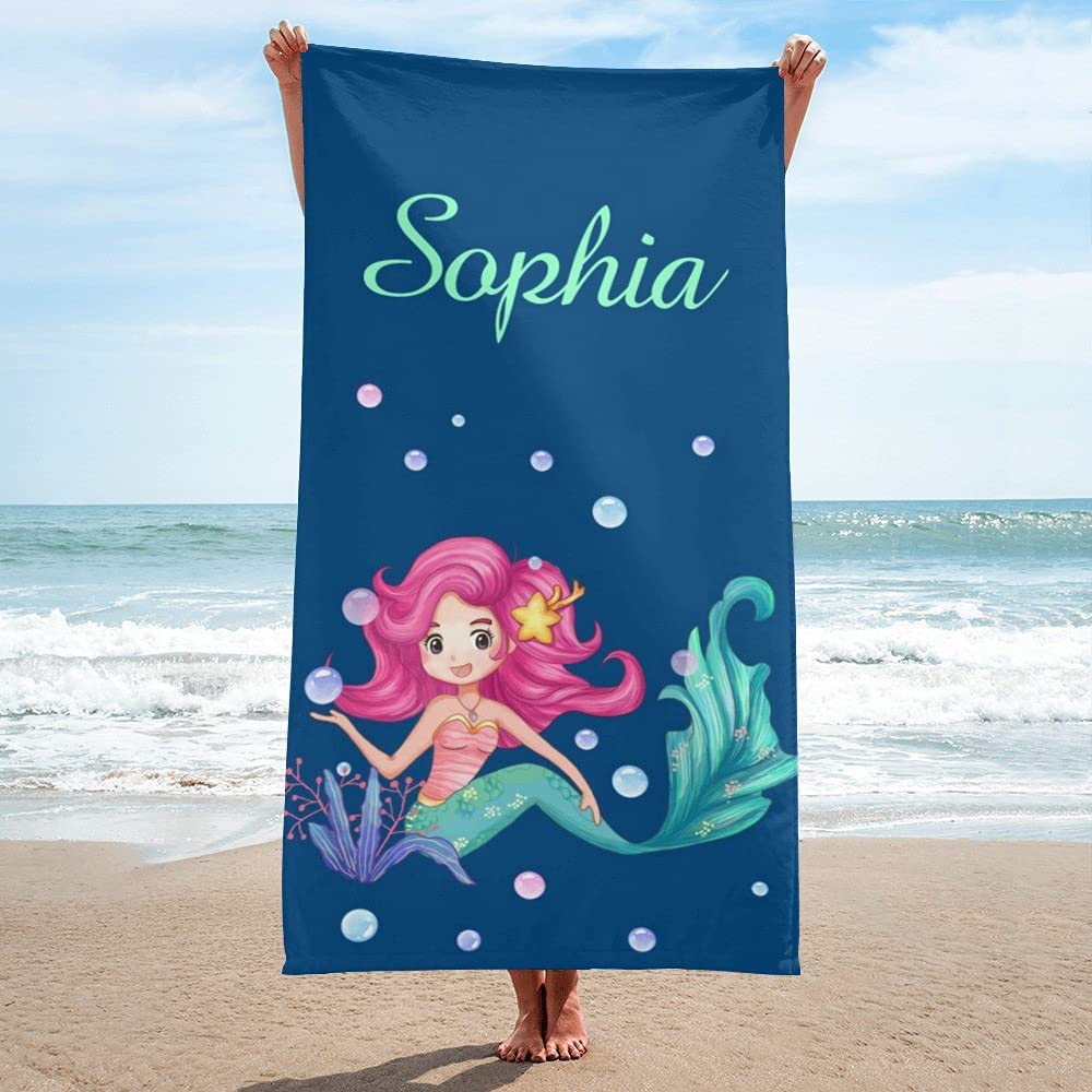 Personalized Kids Microfiber Beach Towel Mermaid Blue