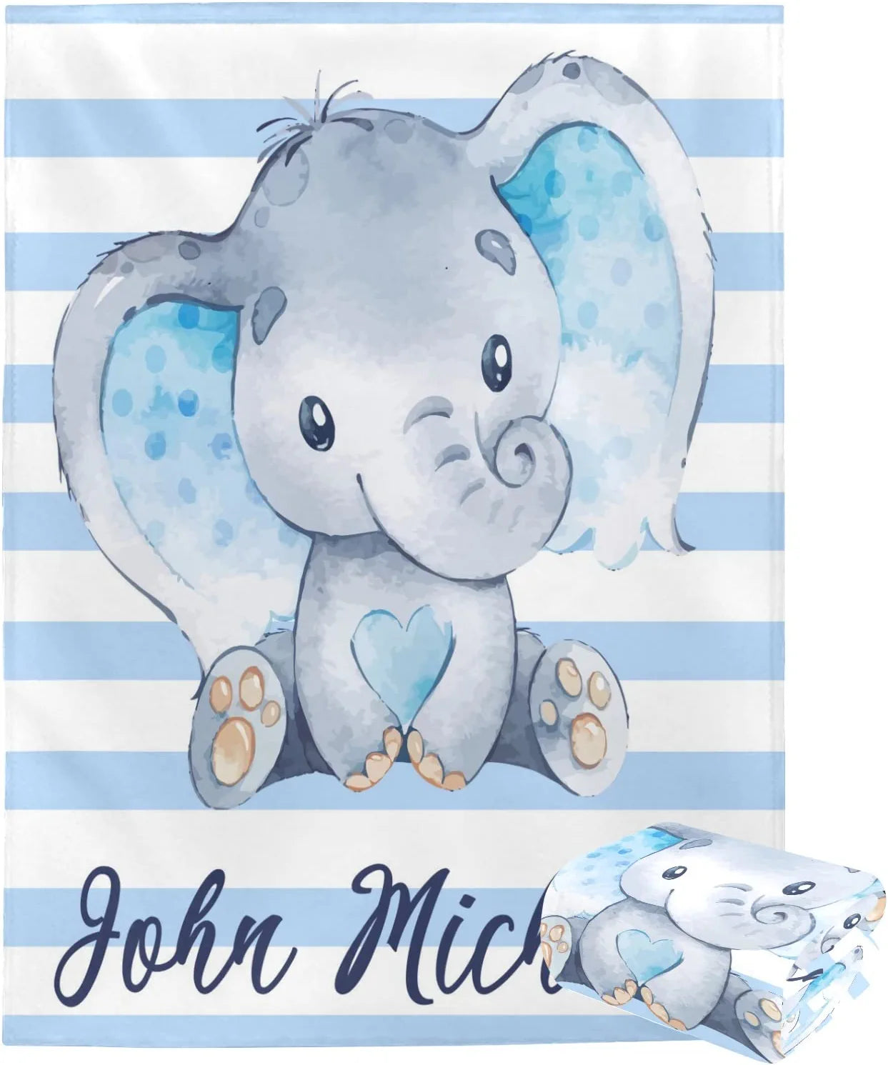 Personalized Name Fleece Blanket Elephant With Strip Blue Sunflower