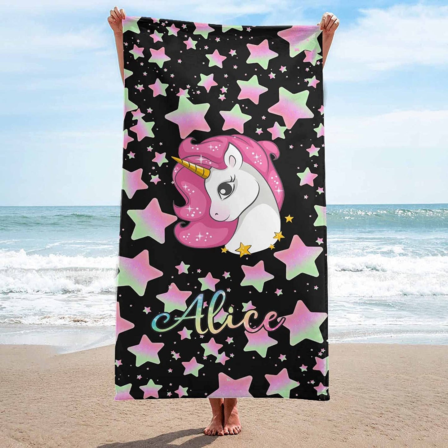 Personalized Unicorn With Stars Kids Beach Towel