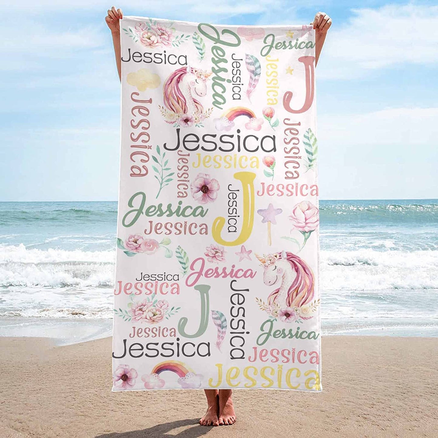 Personalized Unicorn Word Art Kids Beach Towel Multiple Colors
