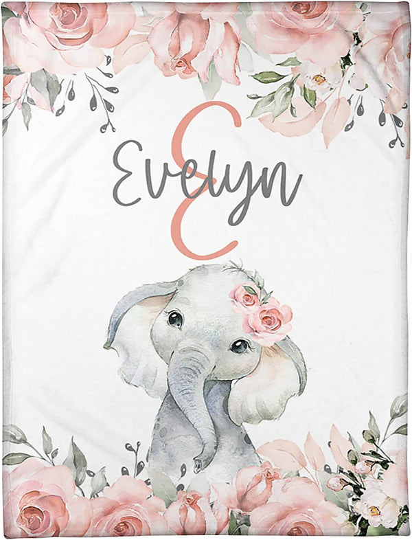 Personalized Minky Blanket Elephant Pink Flower Newborn Baby Girl Children Name