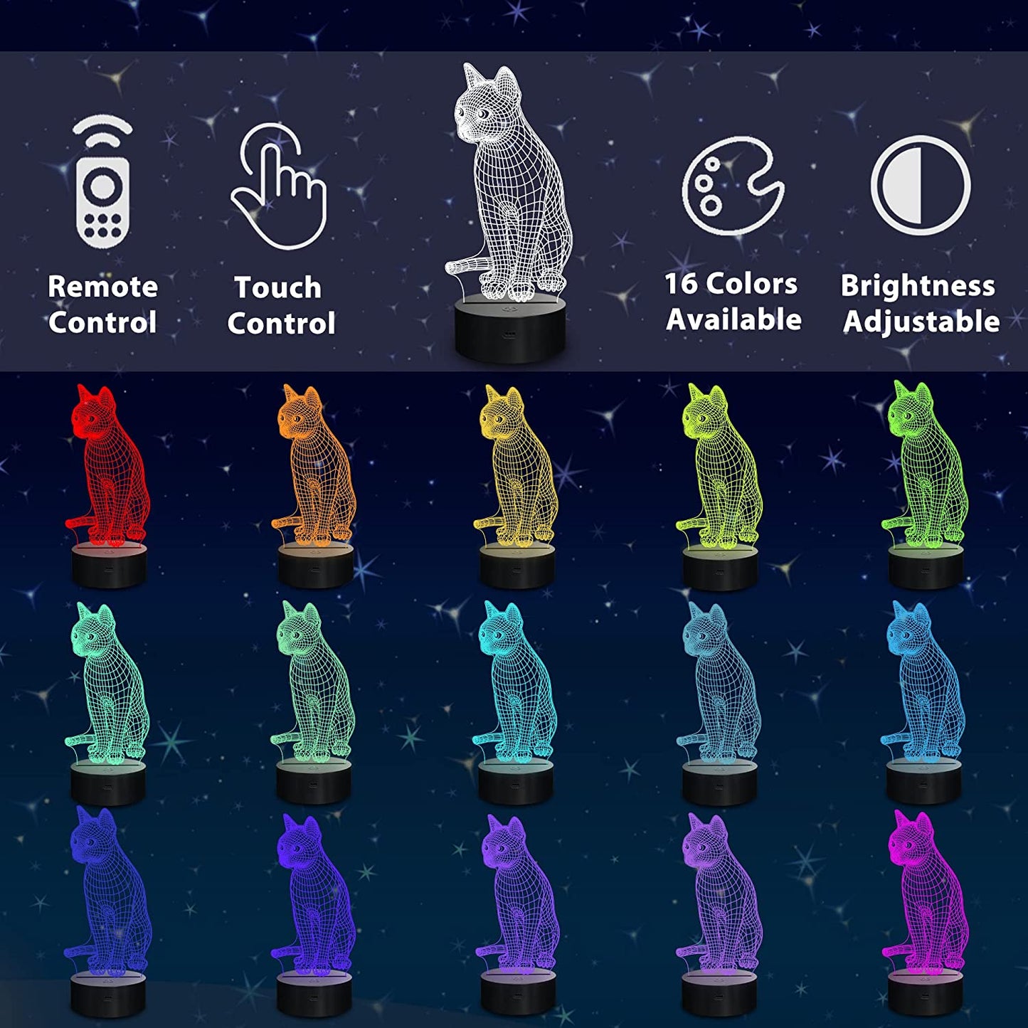 Personalized 3D Cat Night Lights with Name 7/16 Colors Changing Led Lamp