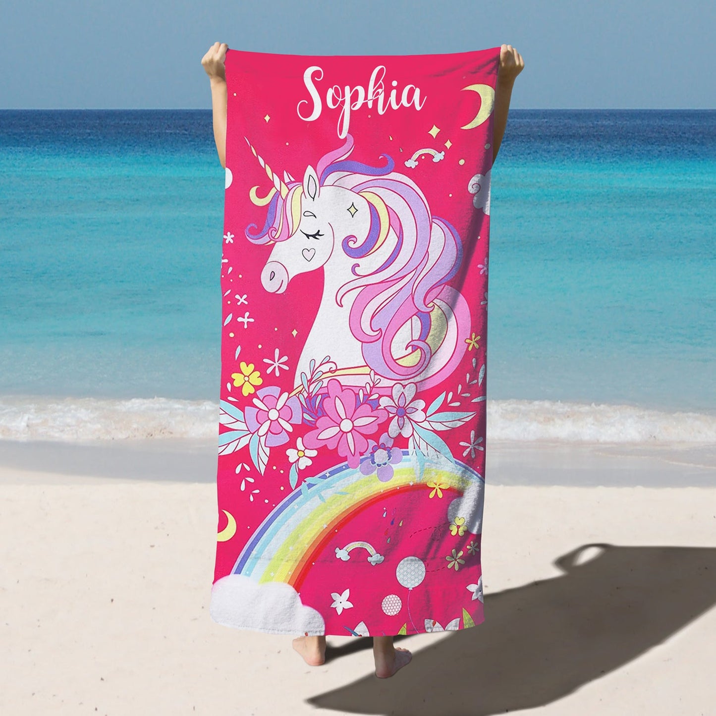 Personalized Kids Microfiber Beach Towel Magic Unicorn Rainbow Pink