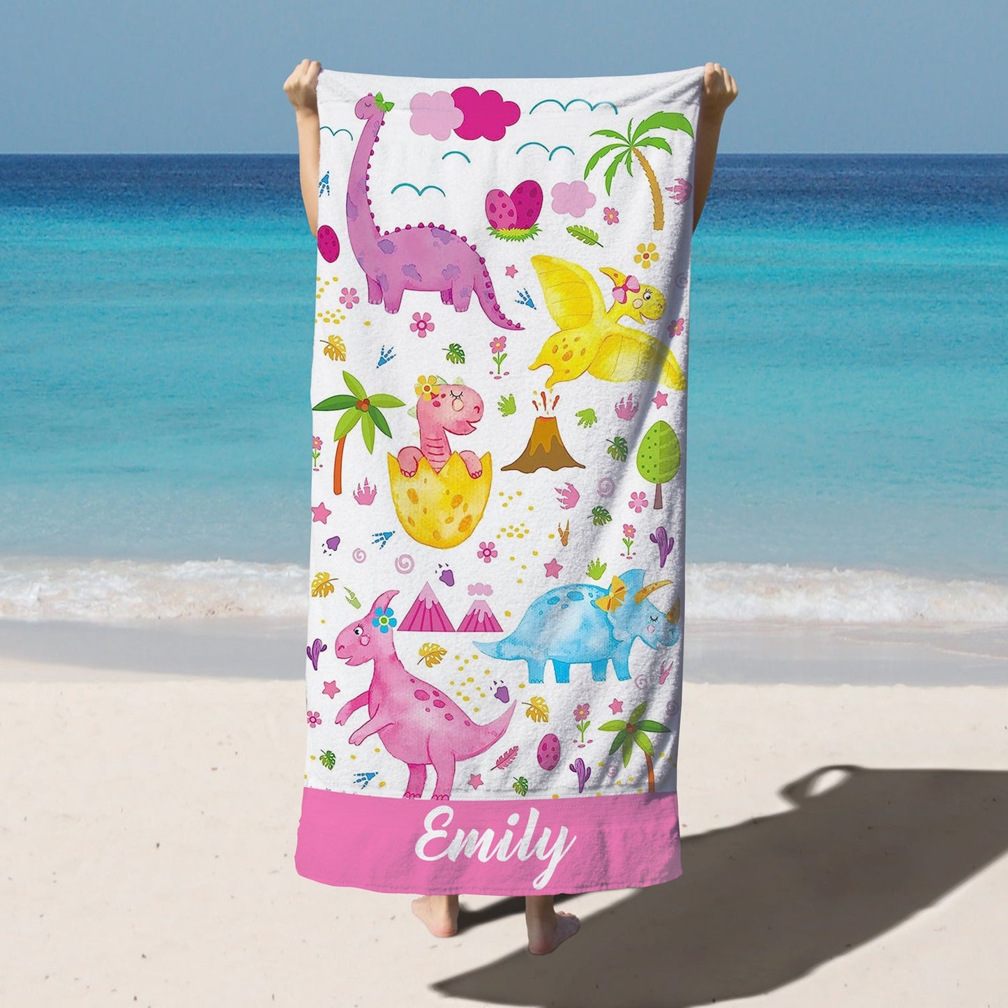 Personalized Kids Microfiber Beach Towel Dinosaur Pink
