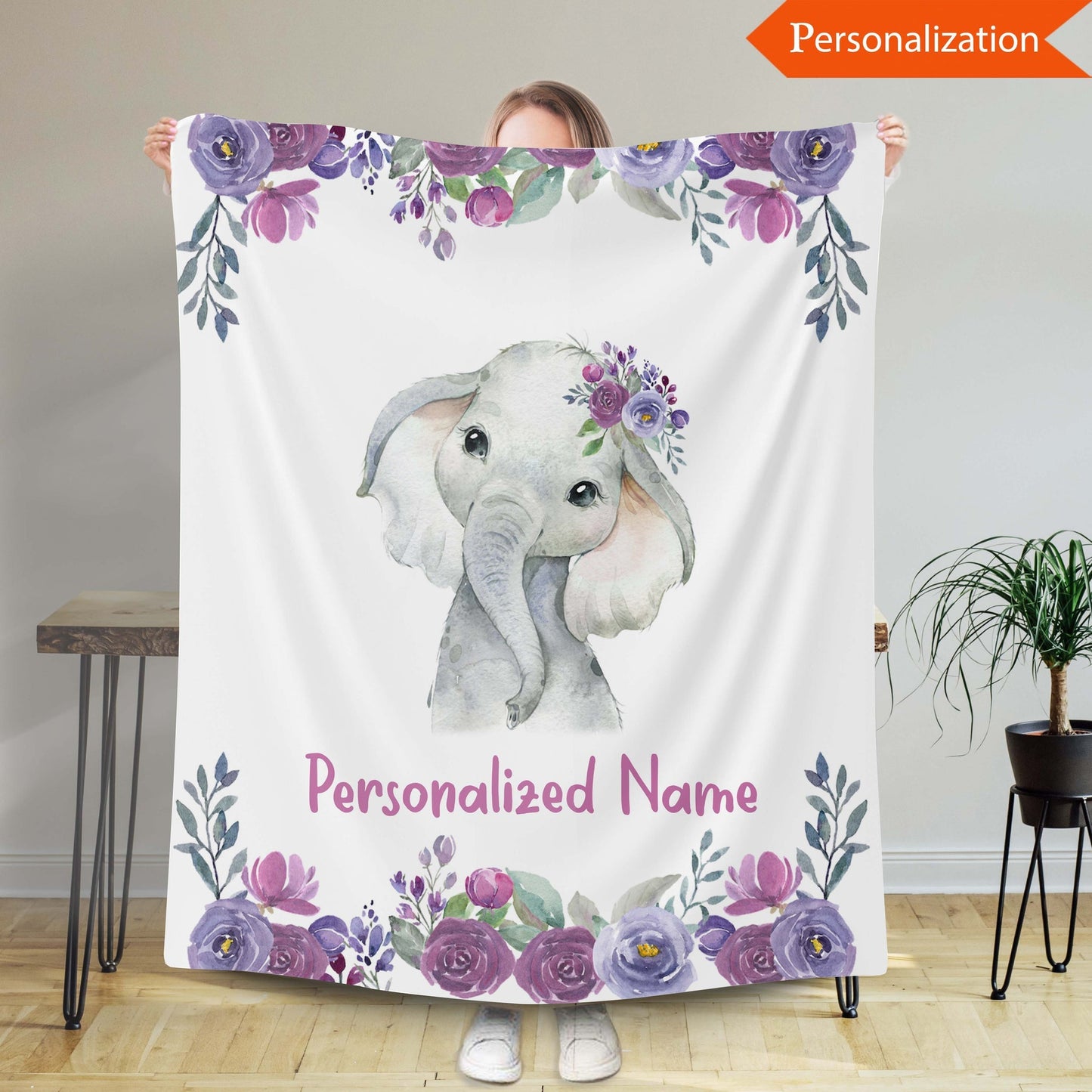Personalized Elephant Purple Flower Newborn Baby Girl Children Name Fleece Blanket | 110822