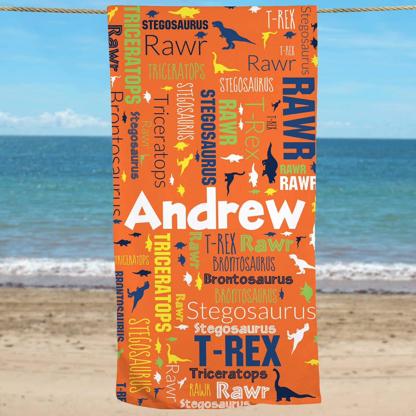 Personalized Dinosaur Word Art Beach Towel