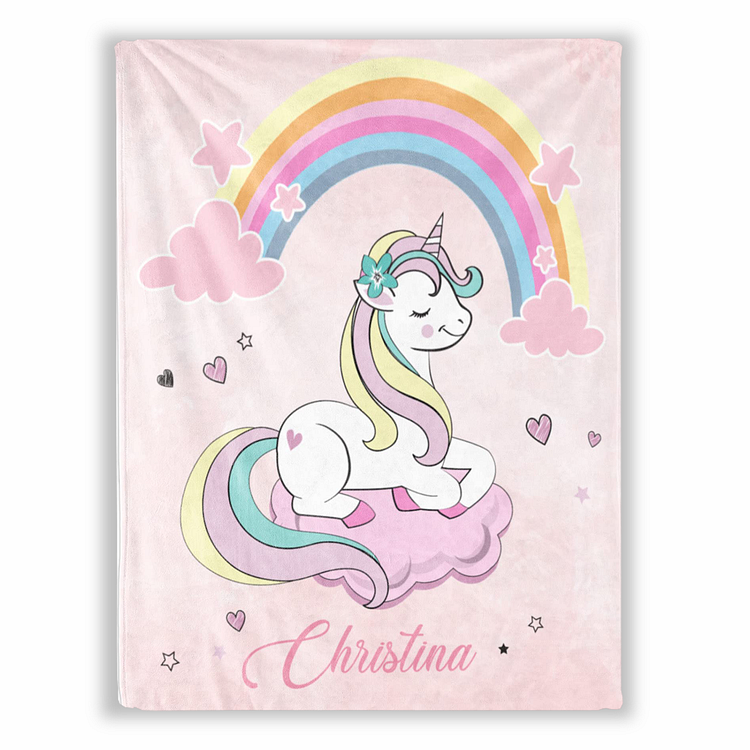 Custom Closed Eyes Unicorn On The Cloud Name Blanket Pink