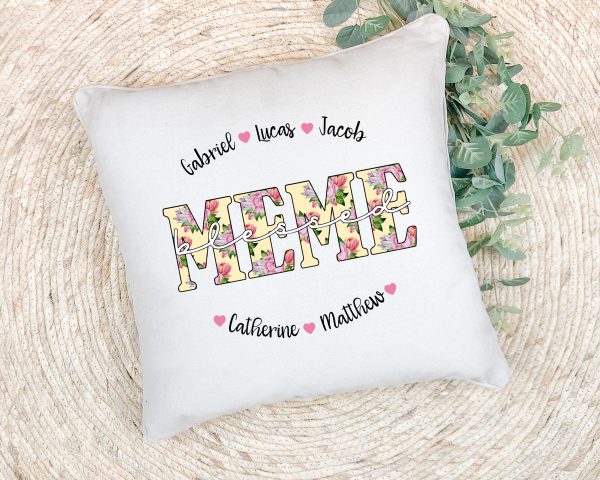 Personalized Blessed Mom Grandma Nana Name Pillow With Pink Flower