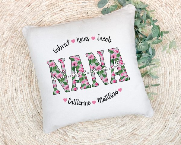 Personalized Blessed Mom Grandma Nana Gigi Name Pillow With Blossoms