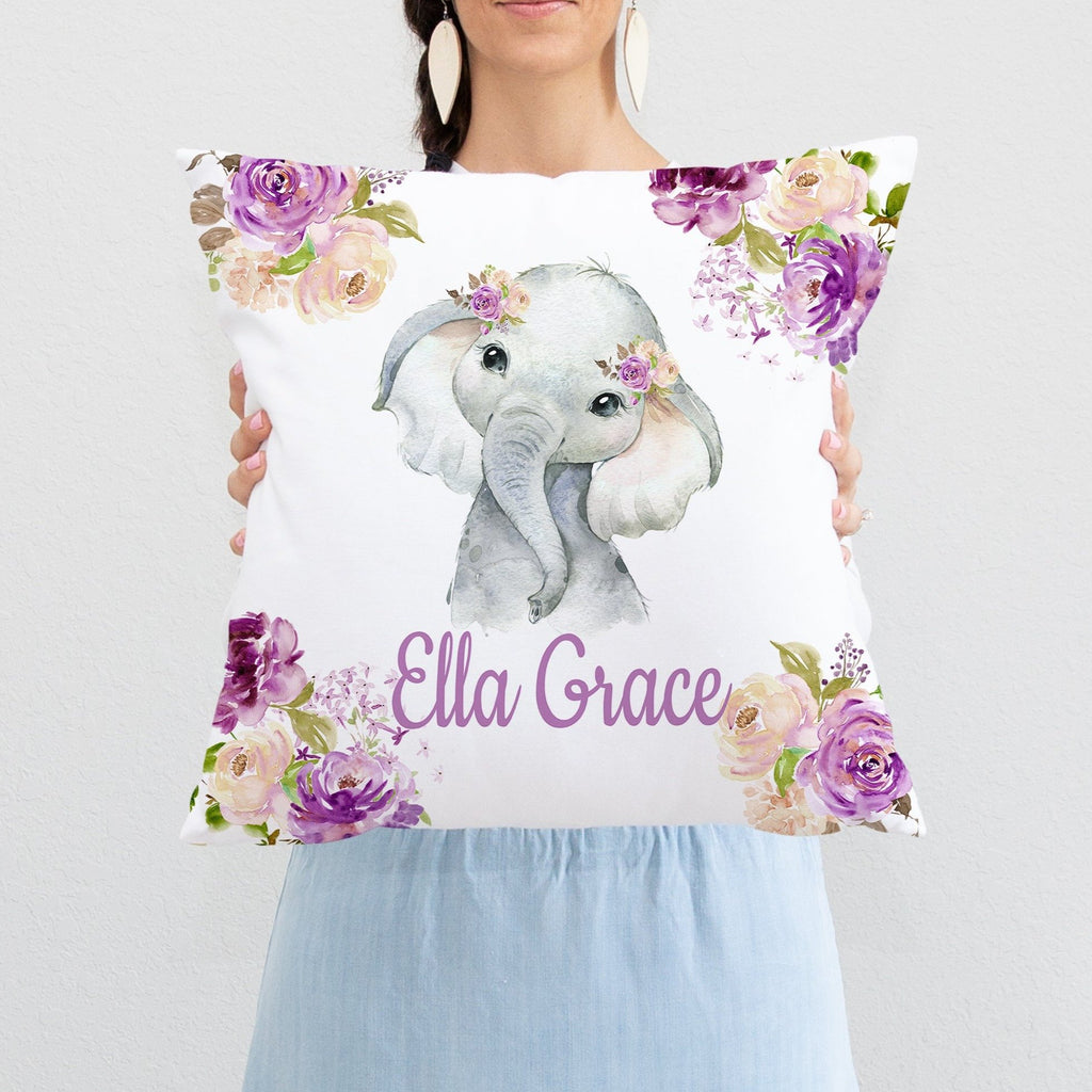 Personalized Baby Floral Purple Elephant Throw Pillow