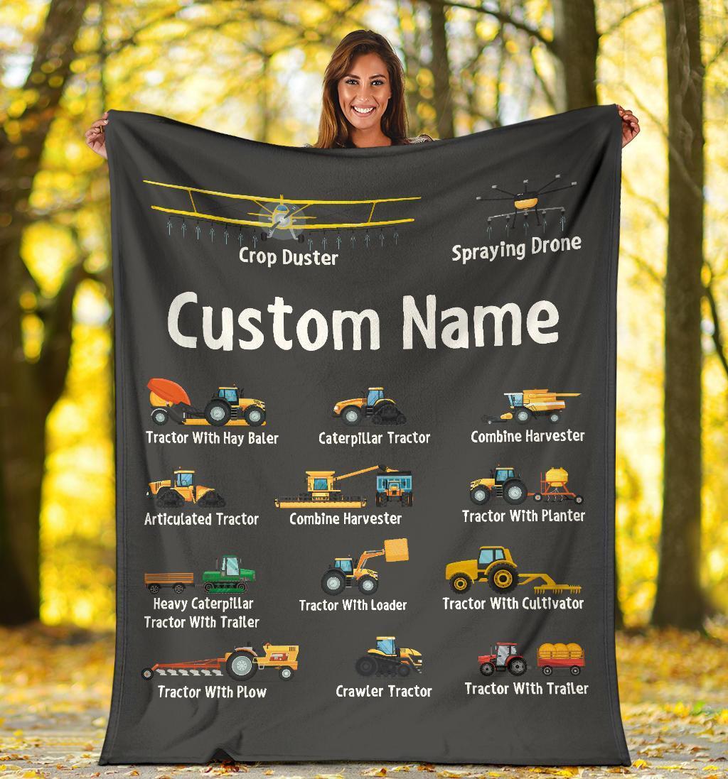 Custom Name Fleece Construction Blanket I23 - trucks, planes, excavators, tractor for kids