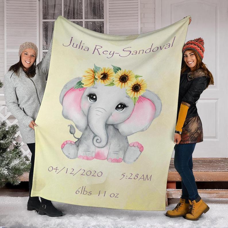 Custom Elephant Blankets With Baby's Birth Information 111701