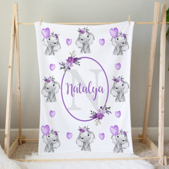 Personalized Elephant Purple Flower Newborn Baby Girl Children Name With Initial Fleece Blanket | 111322