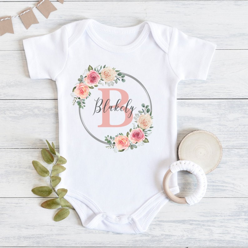 Personalized Baby Onesie With Initial Name Floral Circle