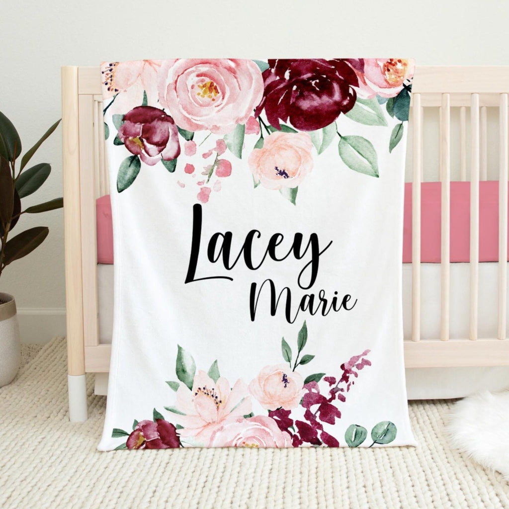Personalized Minky Fleece Water-color Flower Baby Blanket Burgundy Pink