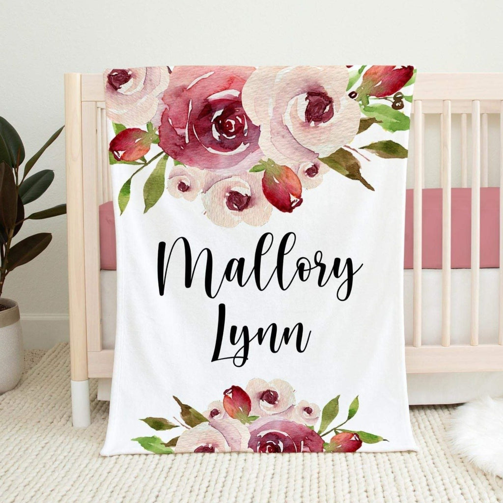 Personalized Minky Fleece Water-color Flower Baby Blanket Pink