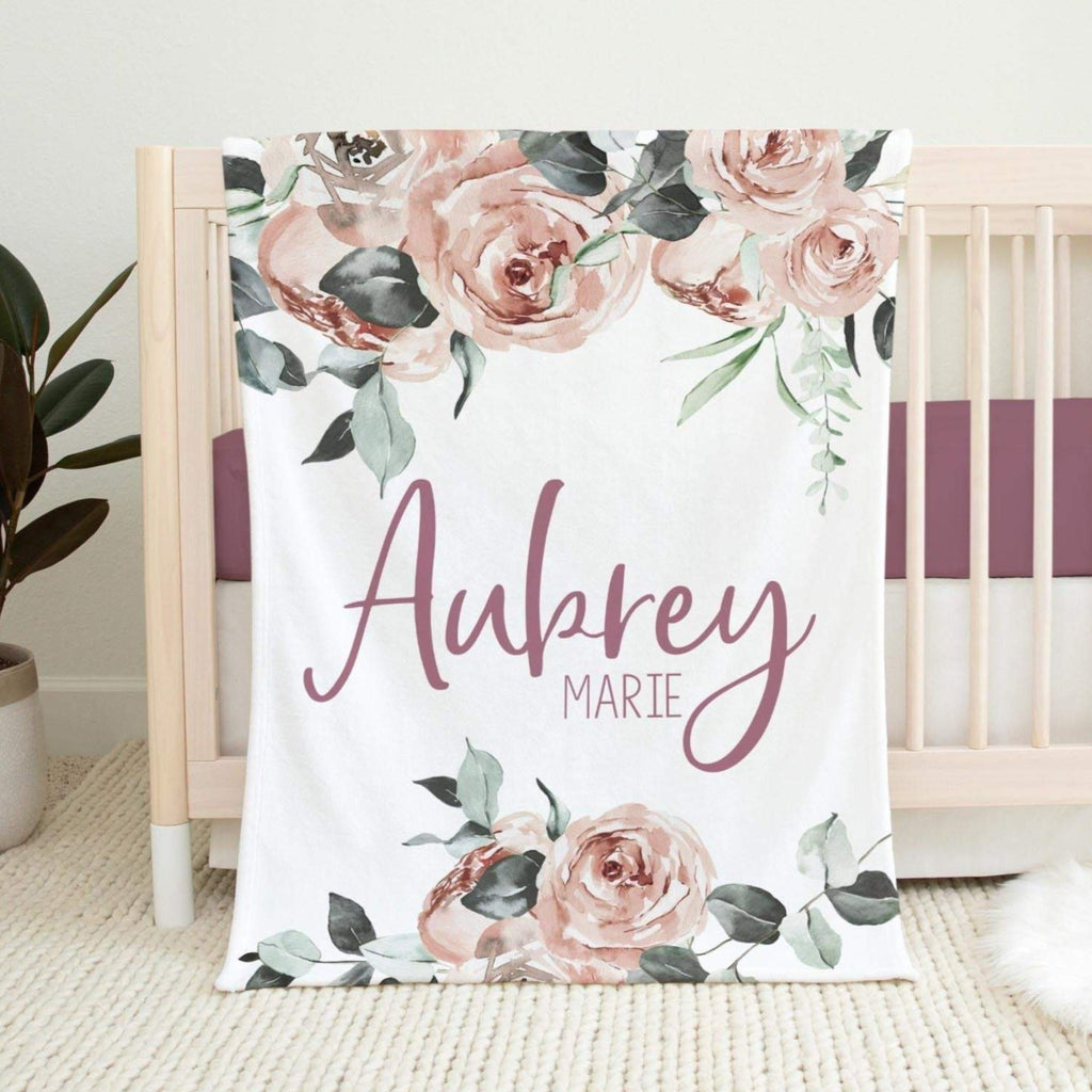 Personalized Minky Fleece Water-color Flower Baby Blanket
