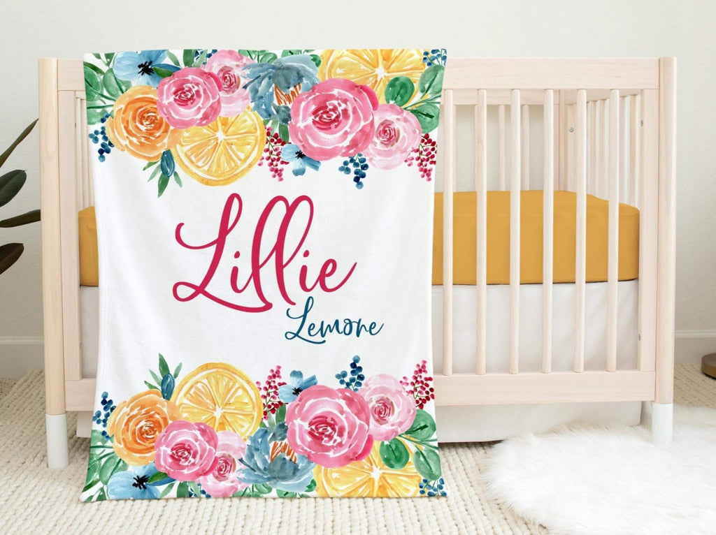 Personalized Minky Fleece Baby Blanket Lemon Floral