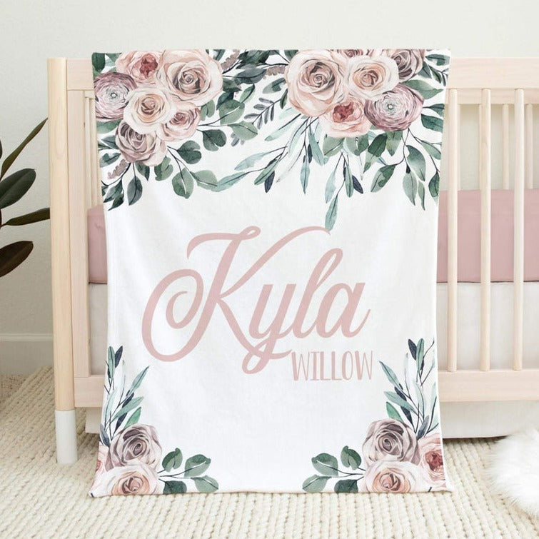 Personalized Minky Fleece Water-color Flower Baby Blanket