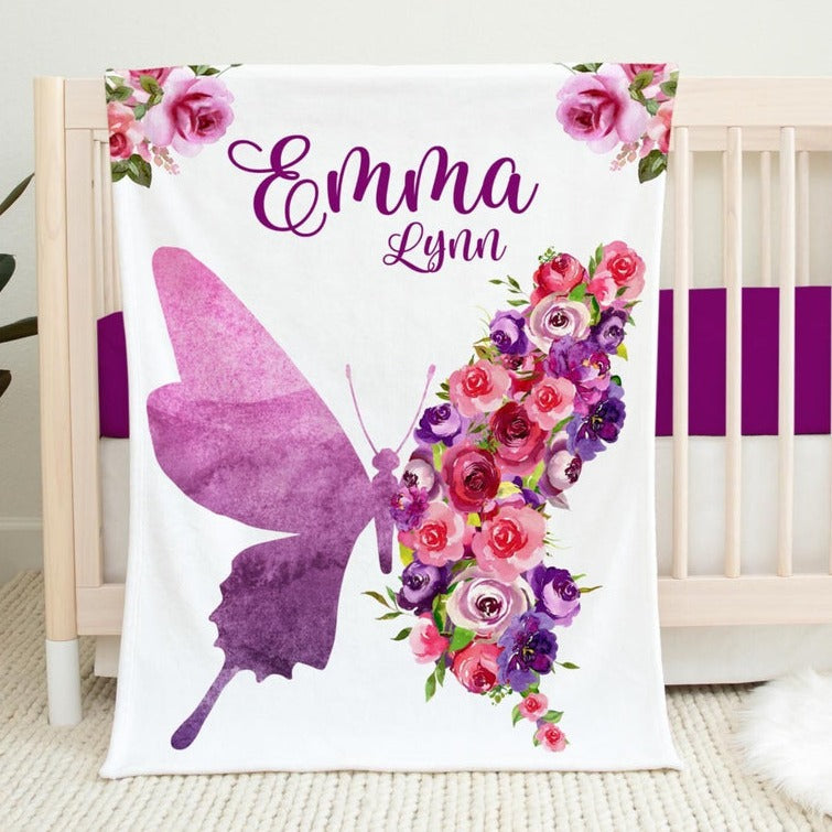 Personalized Minky Fleece Water-color Flower Baby Blanket Butterfly