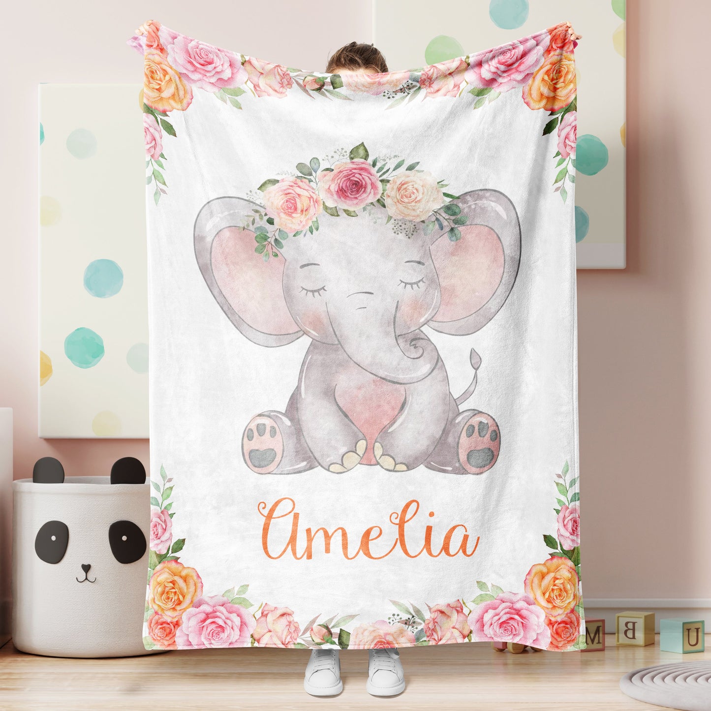 Personalized Name Fleece Elephant Blanket With Flowers Orange