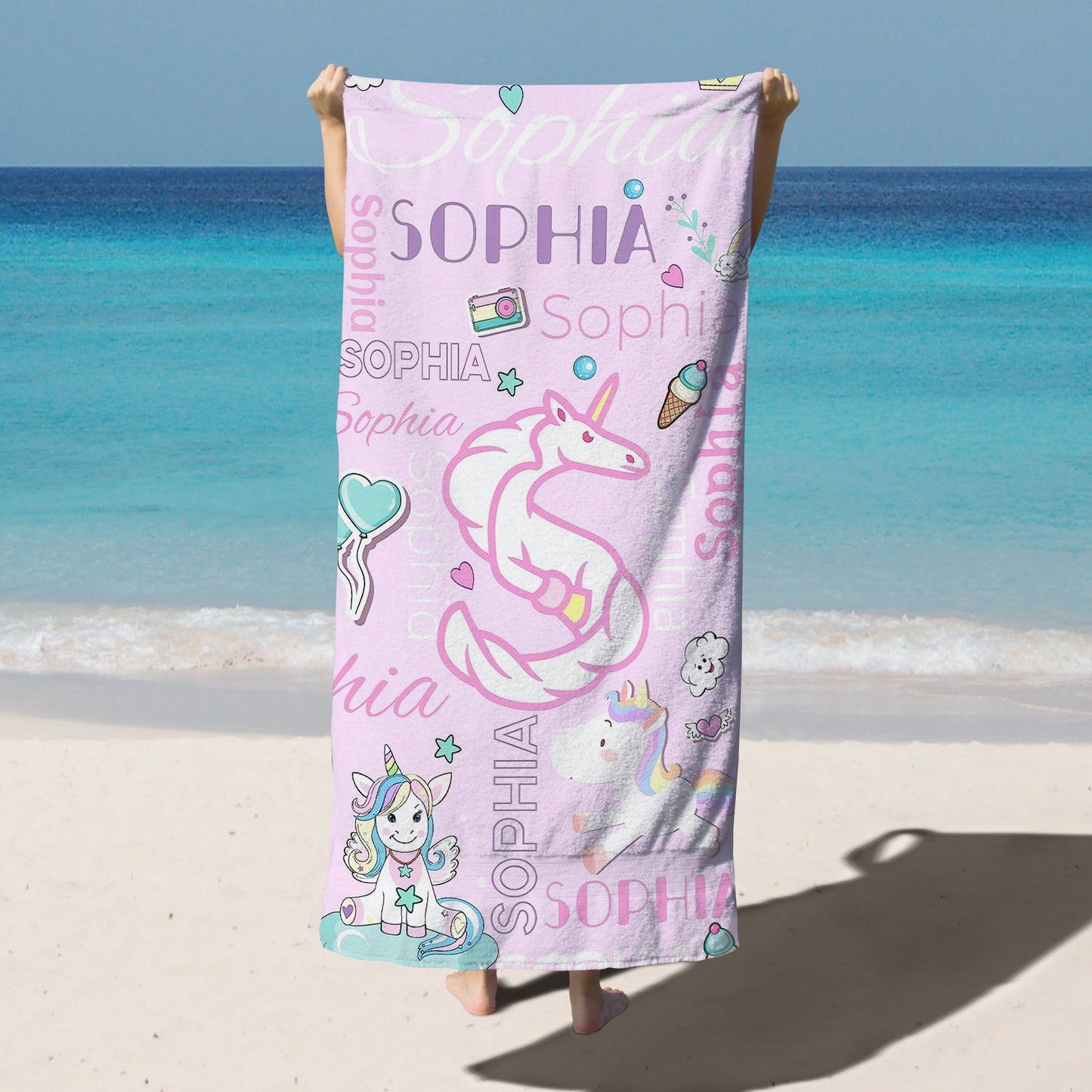 Personalized Kids Microfiber Beach Towel Unicorn Word-Art With Initial