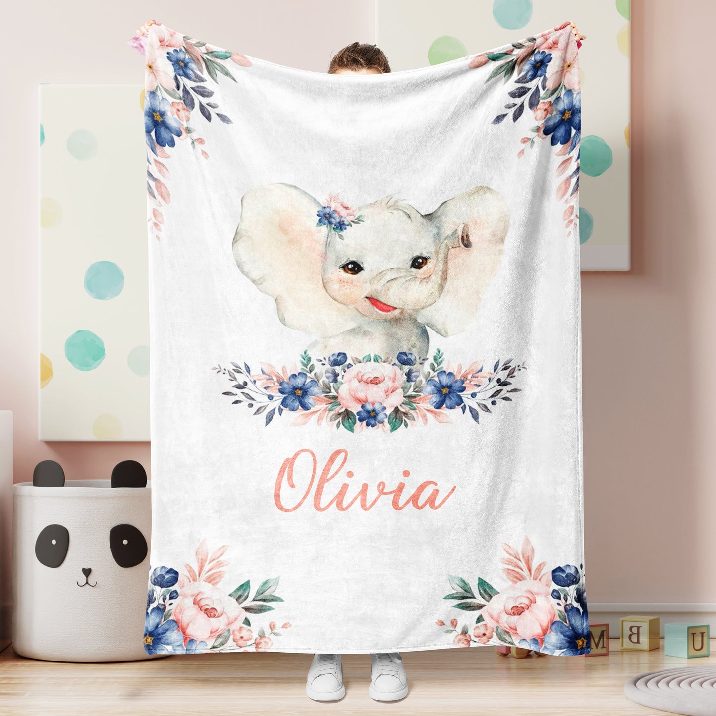 Personalized Name Fleece Blanket Elephant Flower Blue