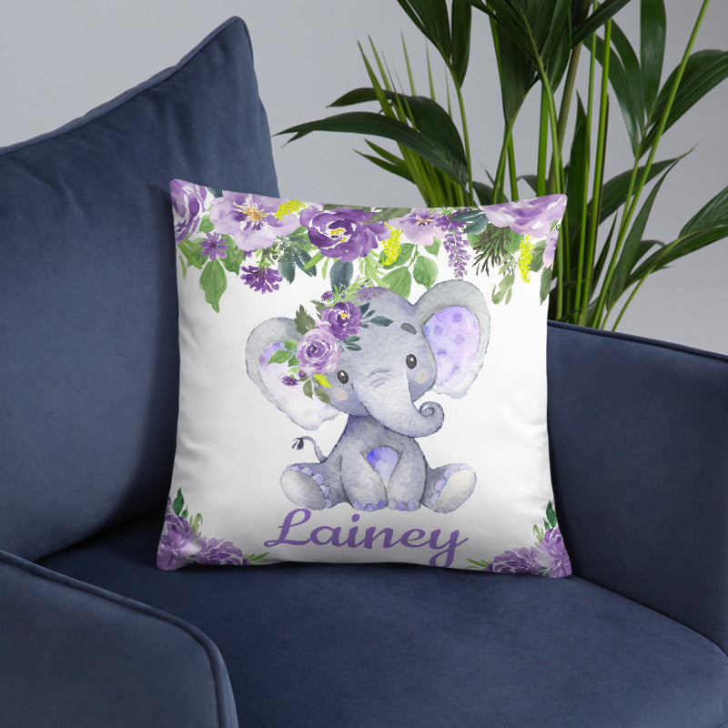 Personalized Baby Floral Purple Elephant Throw Pillow