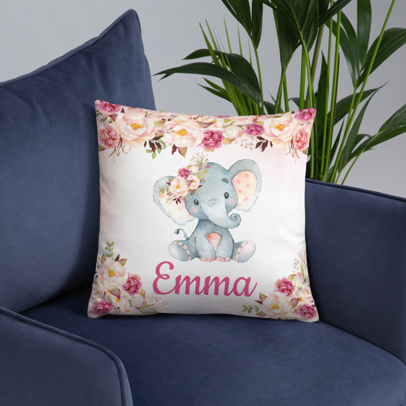 Personalized Baby Floral Elephant Throw Pillow
