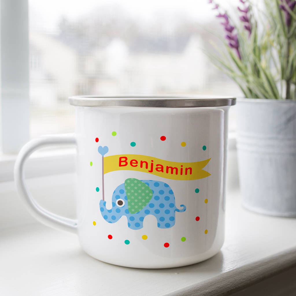 Personalized Enamel Elephant With Flag Kids Mug For Boys Girls Blue | 22111802